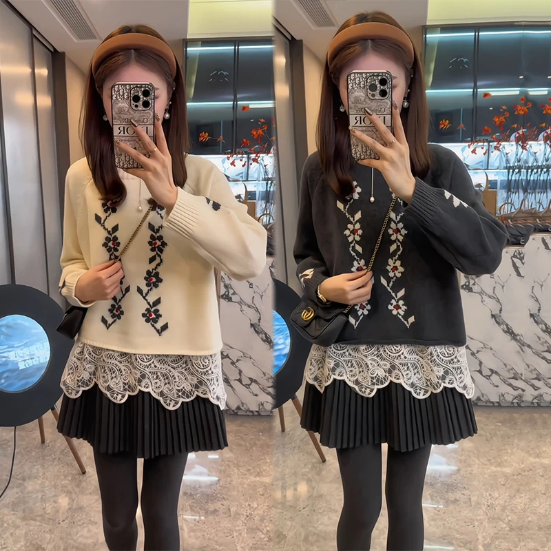 2024秋冬新款刺绣花花针织衫内搭蕾丝背心搭百褶短裙三件套气质