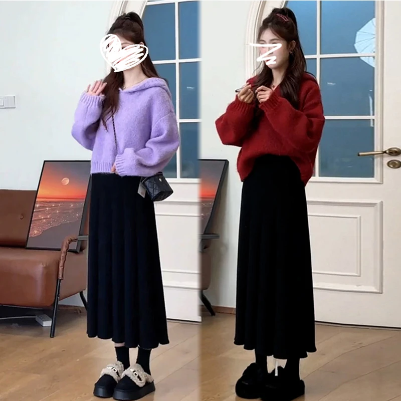 2025秋装新款连帽针织上衣搭黑色半身裙两件套宽松时尚百搭