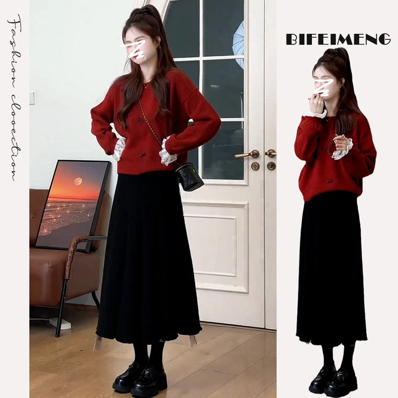 2025秋冬新款假两件拼接蕾丝针织衫搭黑色半身裙气质轻熟风