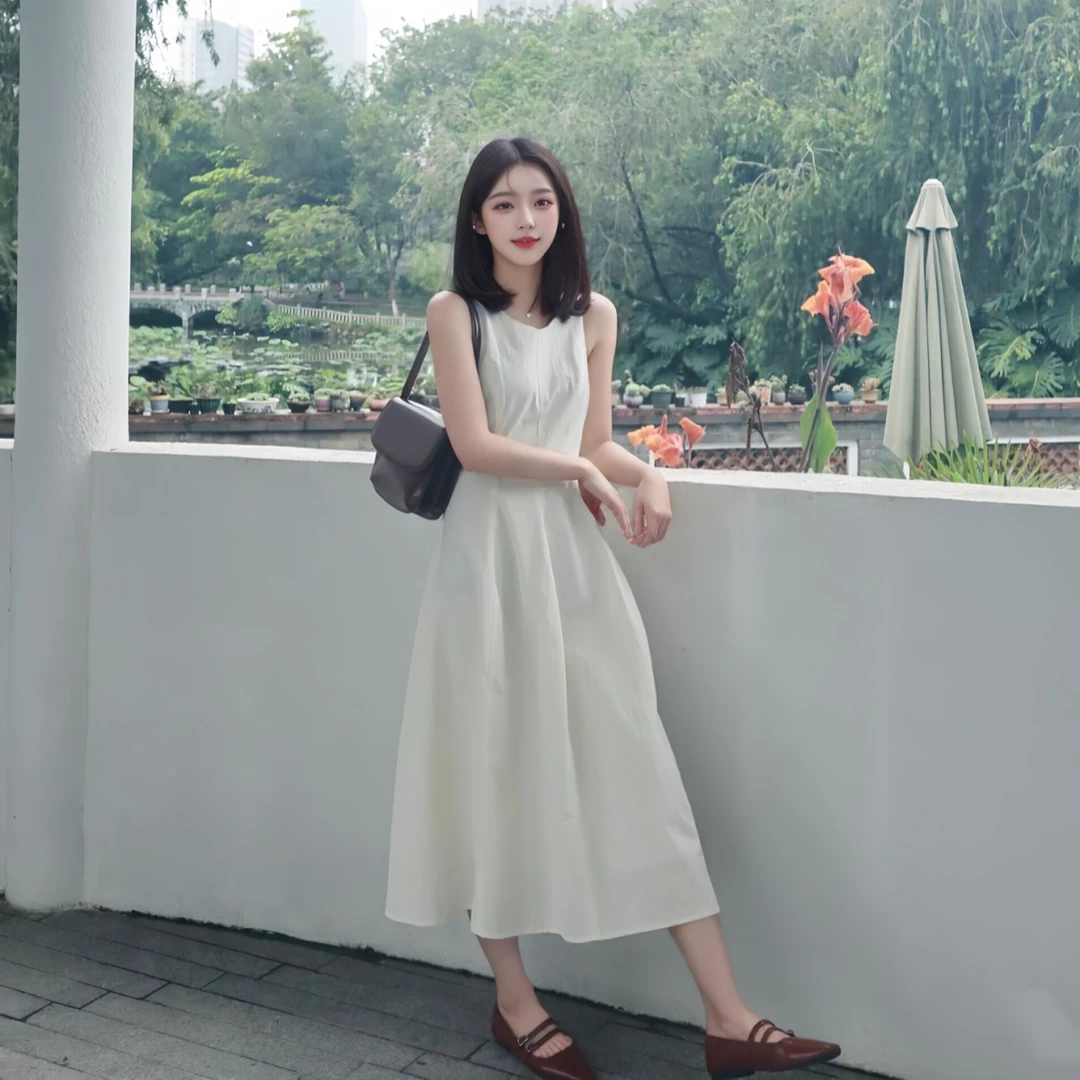 法式白色无袖背心吊带连衣裙子女夏季2025新款小个子高级气质长裙