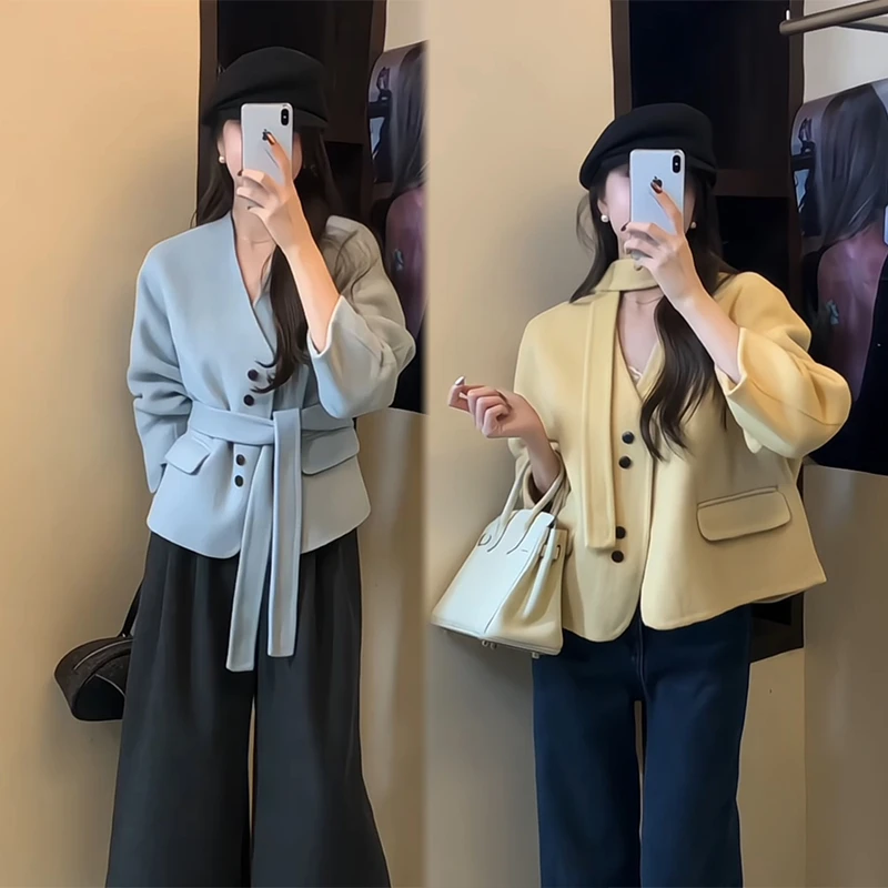 2024秋冬新款双面呢子大衣短款黄色蓝色小清新高级感百搭