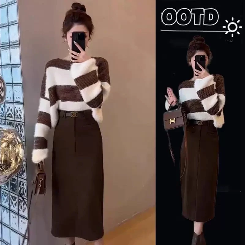 2025秋冬新款条纹撞色毛衣搭半身裙两件套日常慵懒风显瘦气质
