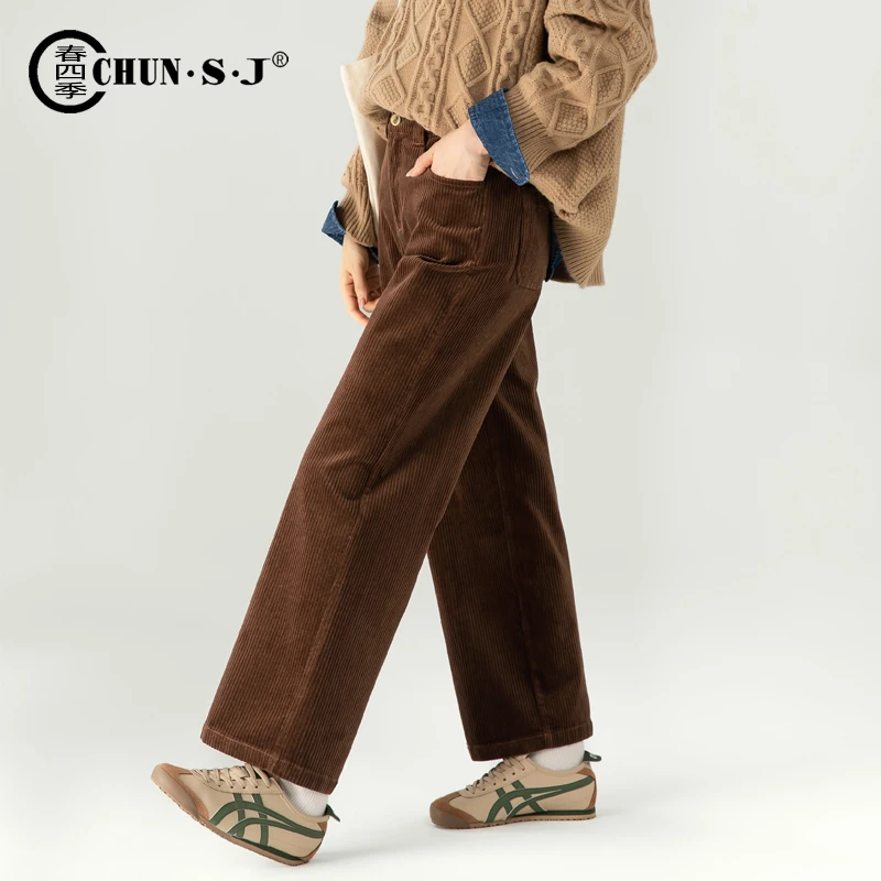复古咖色灯芯绒裤子女2025冬季新款休闲女裤高腰直筒裤条绒阔腿裤