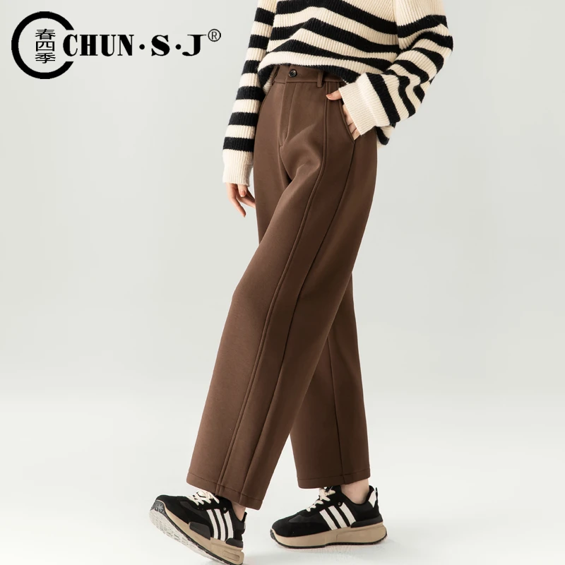 加绒加厚休闲直筒裤女冬季宽松咖色裤子小个子中直筒九分镰刀裤
