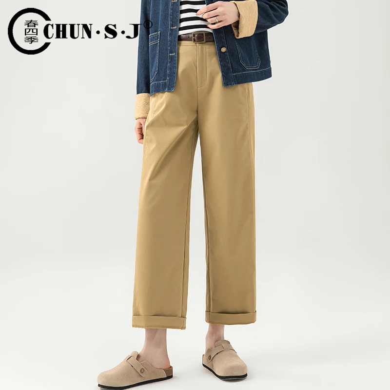 2025新款手熨裤宽松阔腿裤女卡其色春夏裤子九分直筒休闲通勤裤子