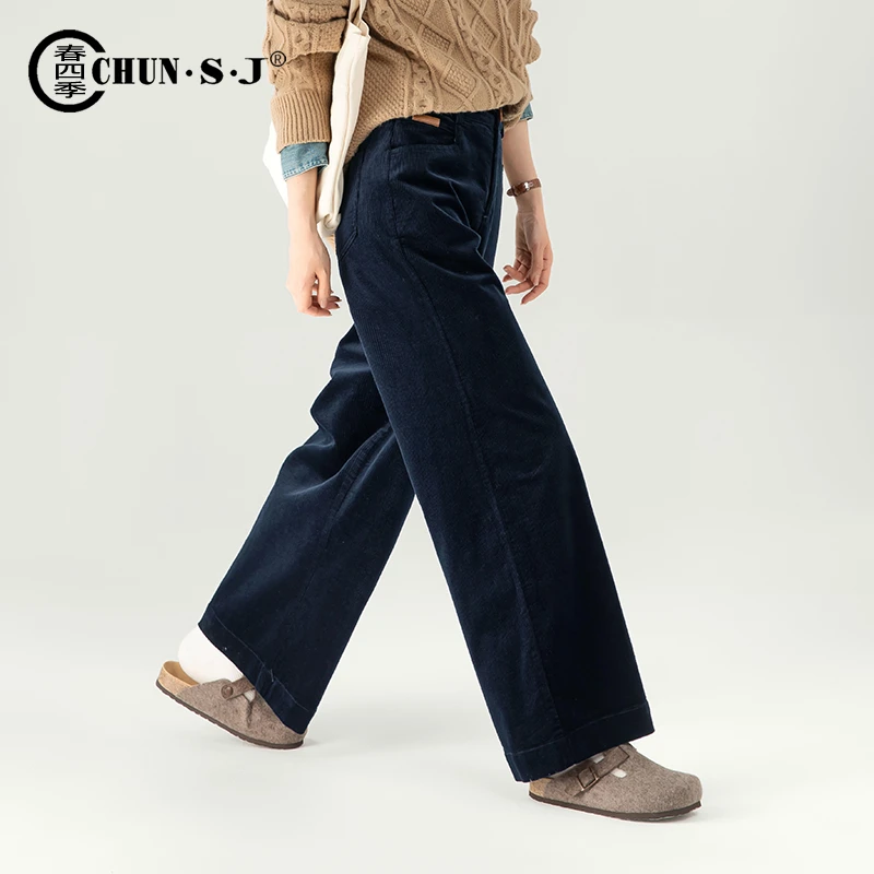 藏蓝色灯芯绒阔腿裤女2025新款冬季女裤宽松休闲裤直筒裤条绒裤子