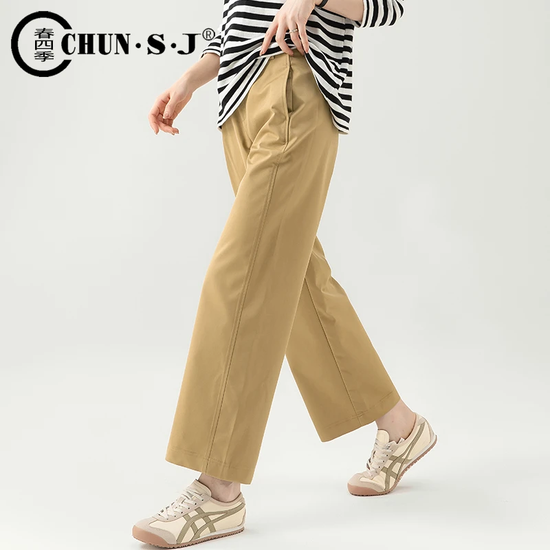 2025新款手熨裤宽松阔腿裤女卡其色夏季裤子九分直筒休闲通勤裤子