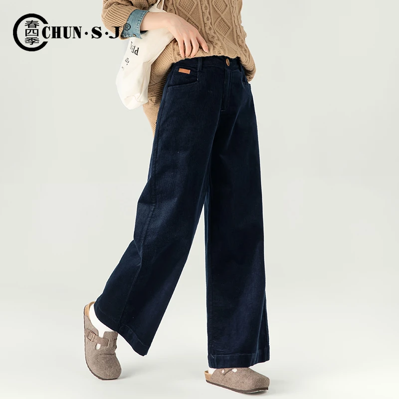 藏蓝色灯芯绒阔腿裤女2025新款秋冬加绒女裤休闲裤直筒裤条绒裤子