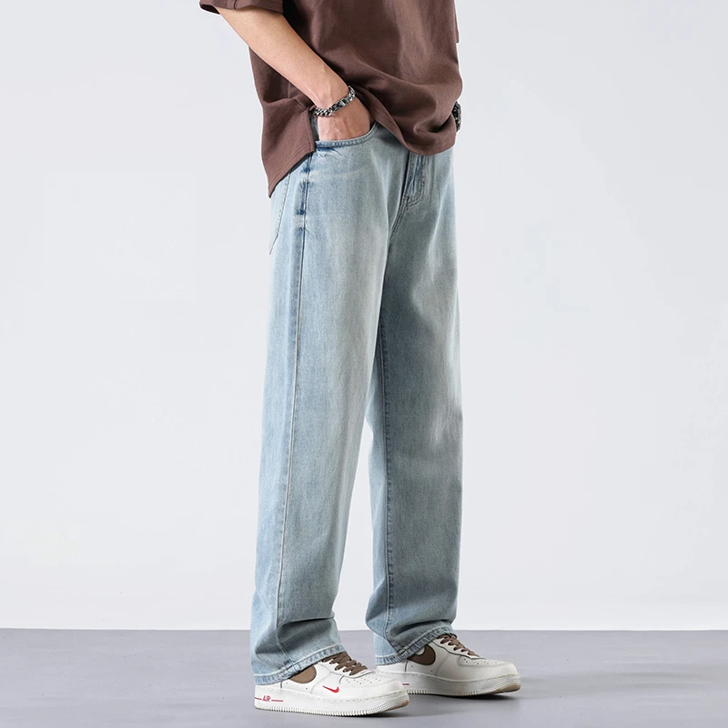 魔鬼箭夏季莱赛尔天丝浅色牛裤男士宽松阔腿直筒休闲简约垂感长裤