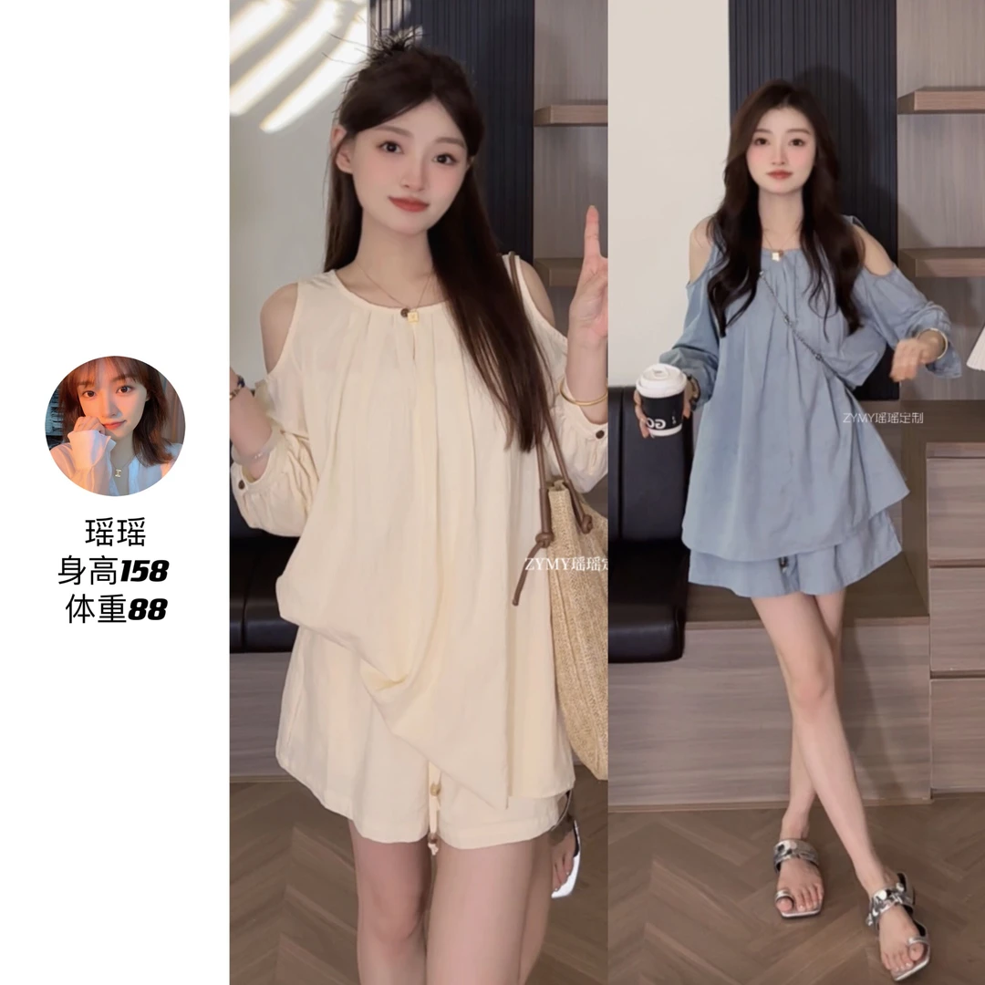 【清风】夏新韩系压褶圆领露肩中袖衬衫上衣短裤套装两件套