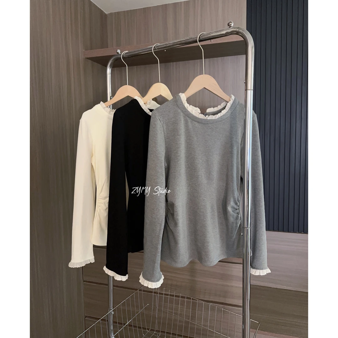 【小甜豆】显瘦百搭磨毛蕾丝边打底衫小众甜美圆领上衣