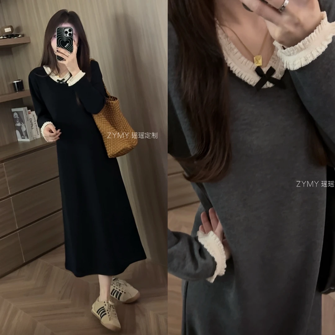 【关于温柔】韩系温柔v领蕾丝花边连衣裙显瘦百搭长裙