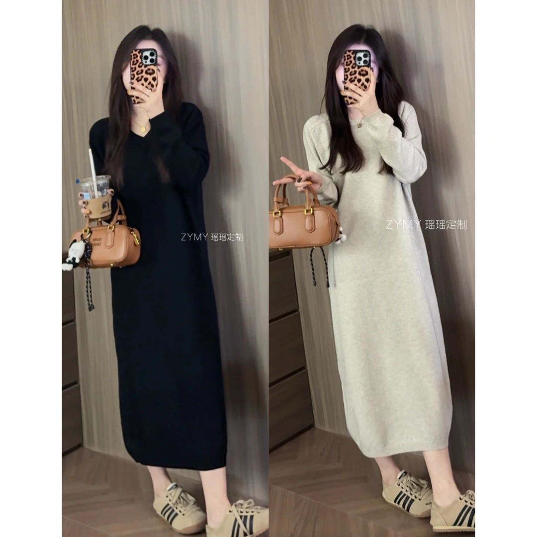 【实用主义】百搭V领圆领针织连衣裙基础款简约显瘦内搭长裙