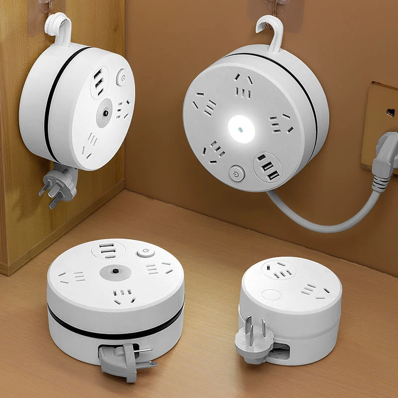 可伸缩收纳USB快充旋转插座家用智能可收线盘插线板插板圆盘插排