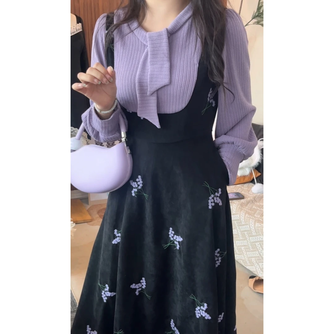 风铃物语 紫色拼接假两件秋冬新款法式收腰连衣裙长袖红人上新