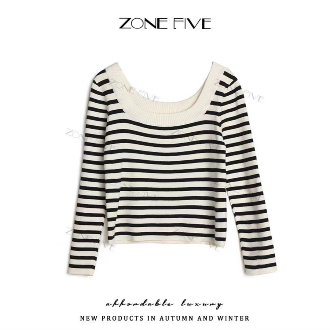 法式U领条纹针织衫正肩长袖短款简约弹力修身小众打底 女