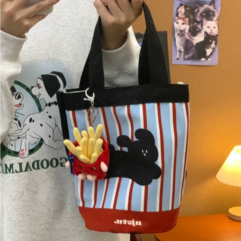 原创自制可爱插画条纹小黑狗小水桶包手提便当包【小号】