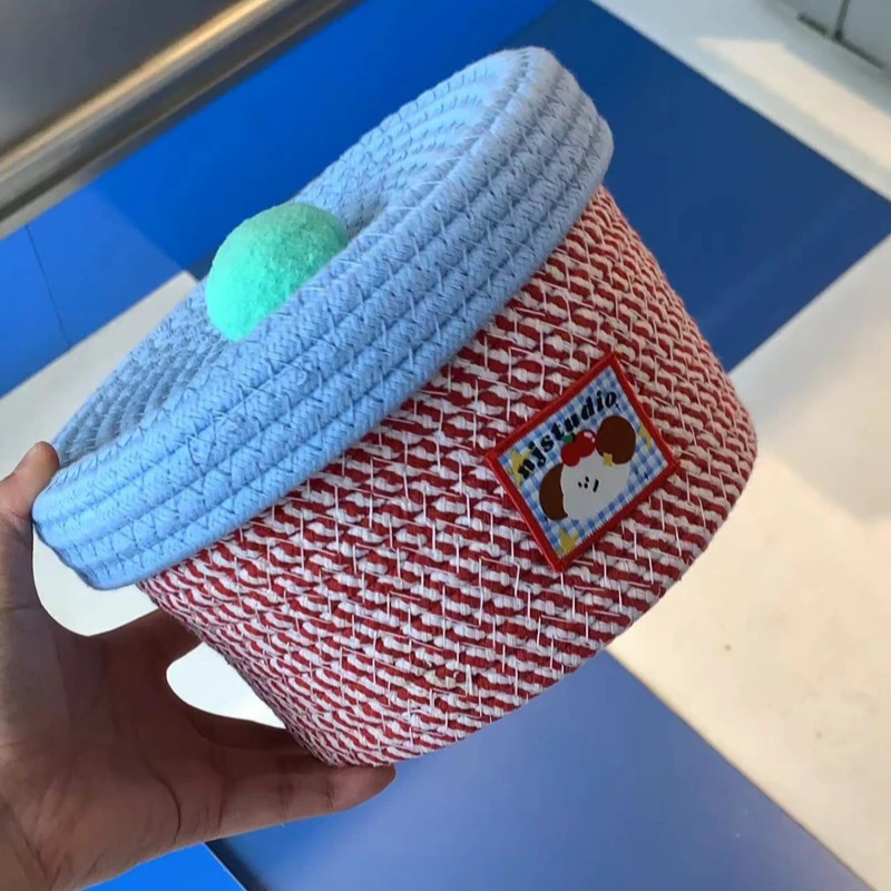 红白撞色拼接可爱创意家居奶蓝色带盖多功能线圈编织收纳筐原创