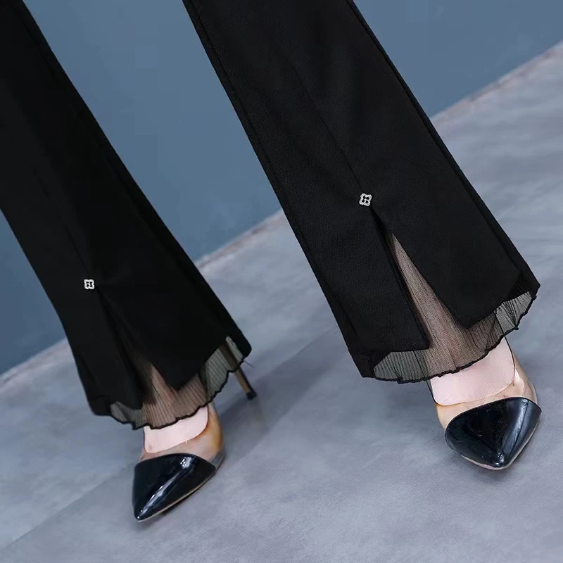 微喇裤女2024年春秋新款高腰显瘦前开叉裤子鱼尾蕾丝黑色直筒长裤