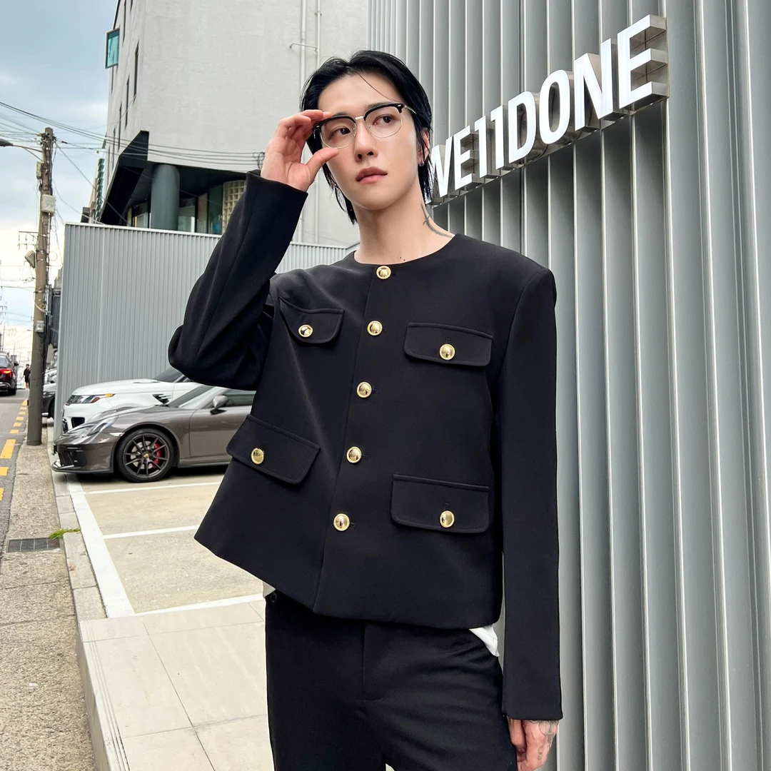 子上男装 轻奢复古高级感小香风外套短款黑色秋季新款正肩圆领男