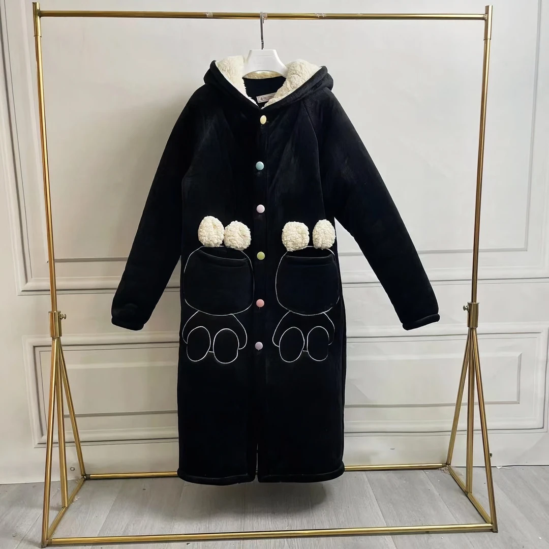 瑕疵款男女同款轻奢复合棉长款时尚黑色冬季保暖睡袍家居服连帽