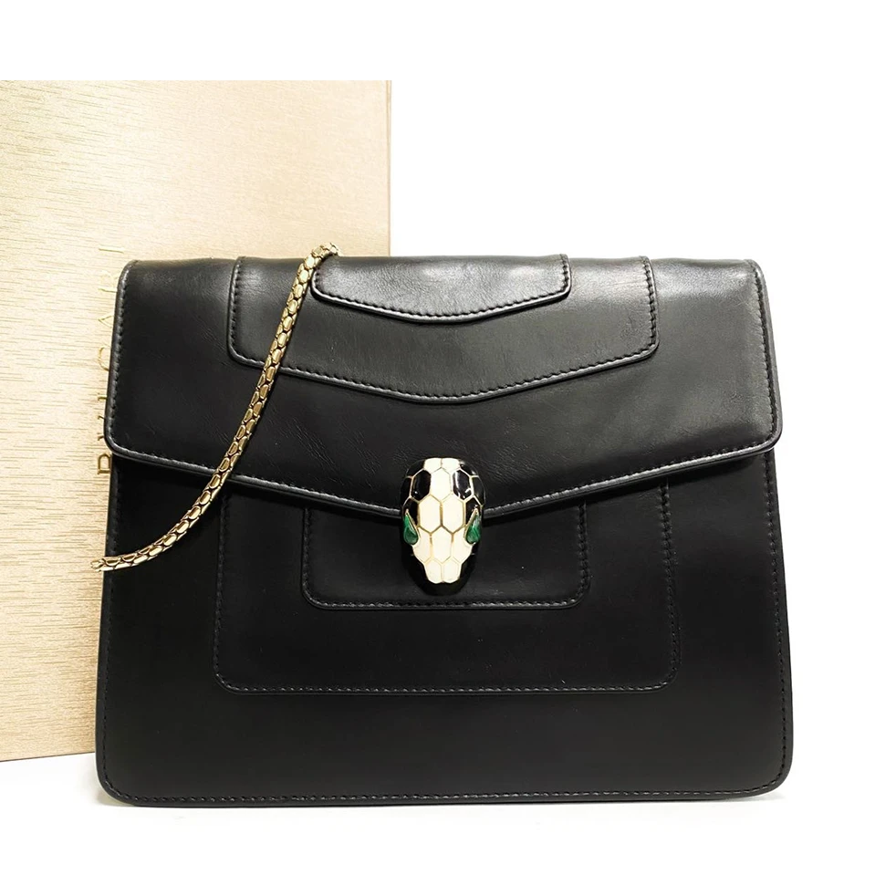 95新 BVLGARI/宝格丽 黑金金扣蛇头包中号