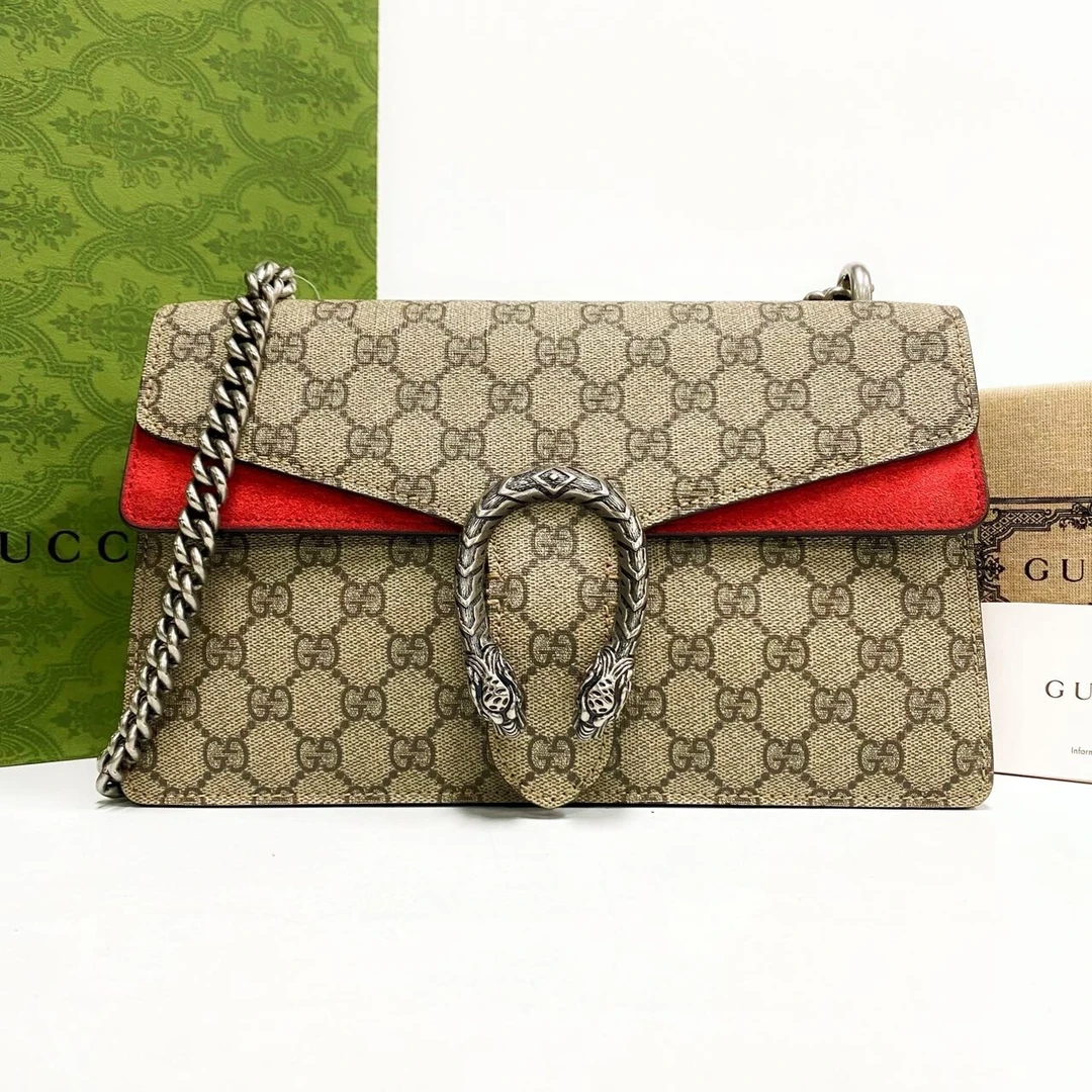 99新 GUCCI/古驰 老花牛皮Dionysus红色酒神链条包单肩包中号