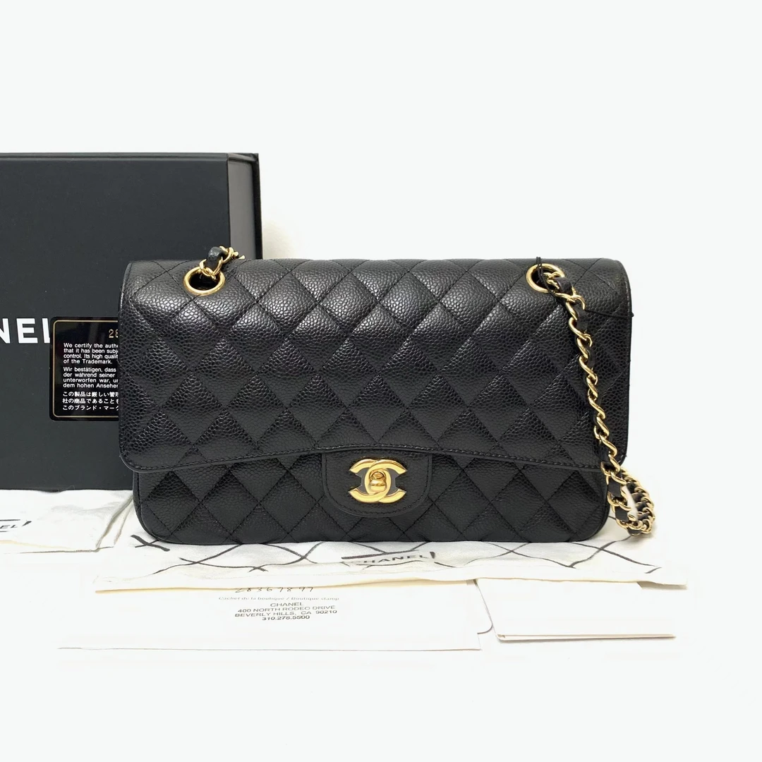 全新未使用 Chanel/香奈儿 chanel28开有卡黑金荔枝纹牛皮cf中号
