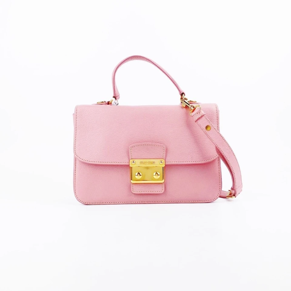 95新 MIU MIU/缪缪 牛皮粉色金扣手提单肩包