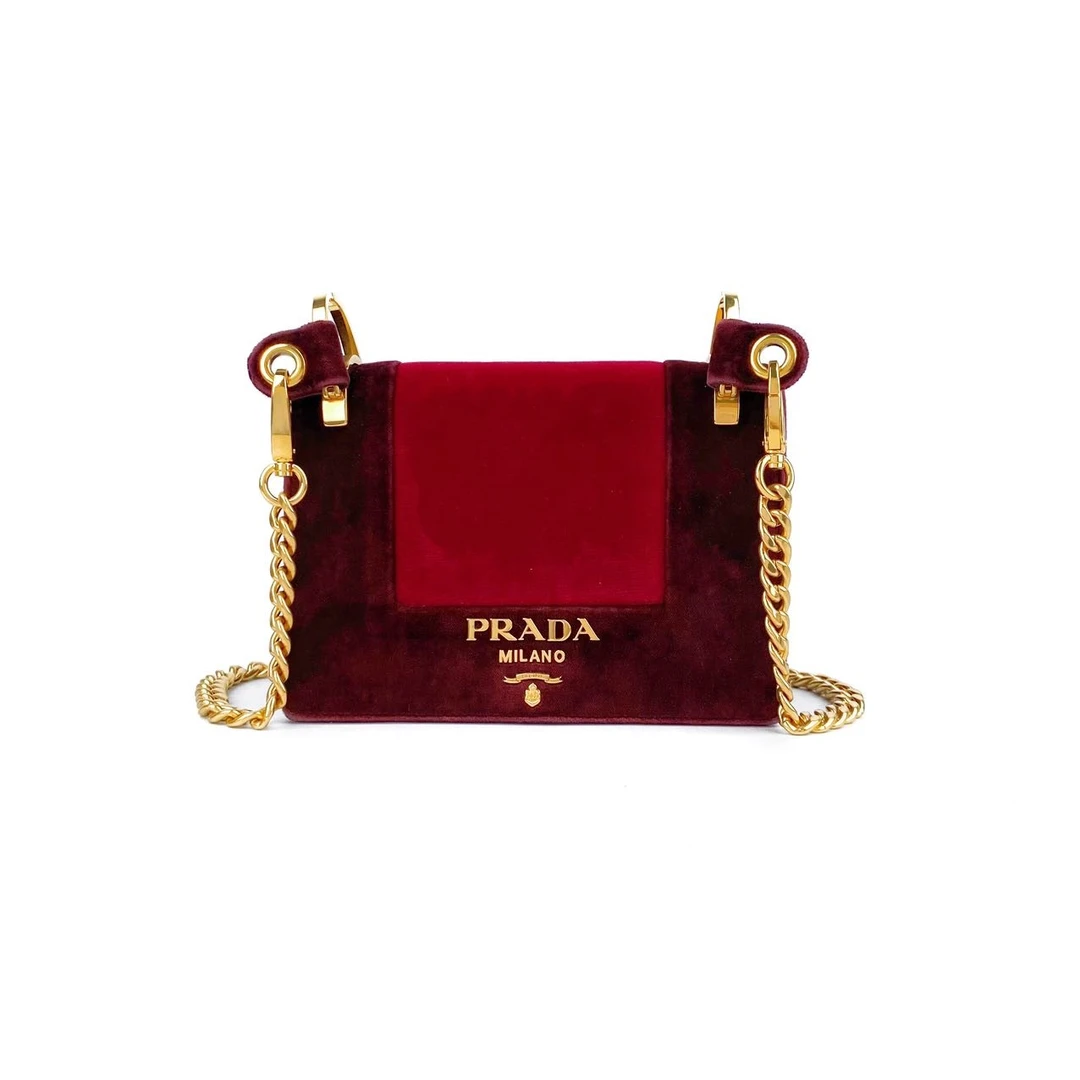 95新 Prada/普拉达 PRADA绒面拼色金标链条包单肩包