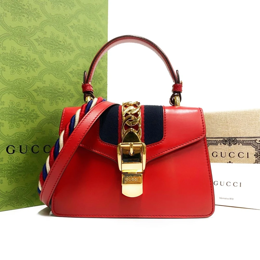 99新 GUCCI/古驰 红色牛皮塞尔维亚手提包单肩包小号