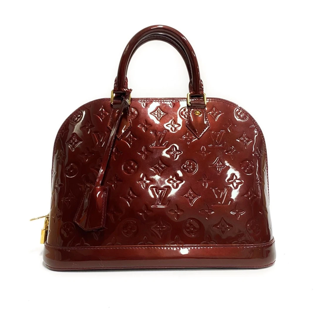95新 LouisVuitton/路易威登 老花压印漆皮Alma车厘子色贝壳包手