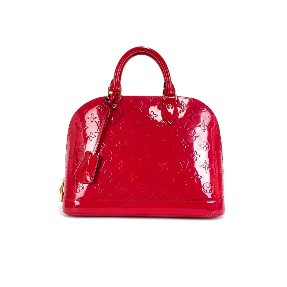 95新 LouisVuitton/路易威登 老花压印漆皮Alma红色贝壳包手提包