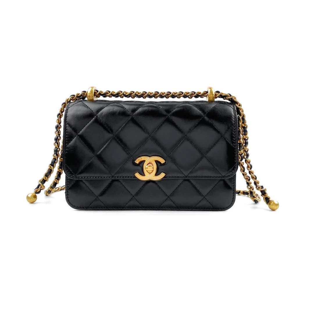 99新 Chanel/香奈儿 芯片开菱格纹黑色金扣19双金球链条包