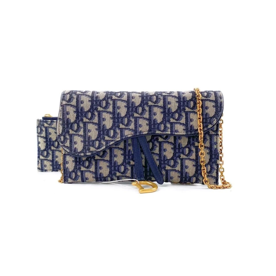 99新 DIOR/迪奥 老花帆布拼皮金标子母链条包