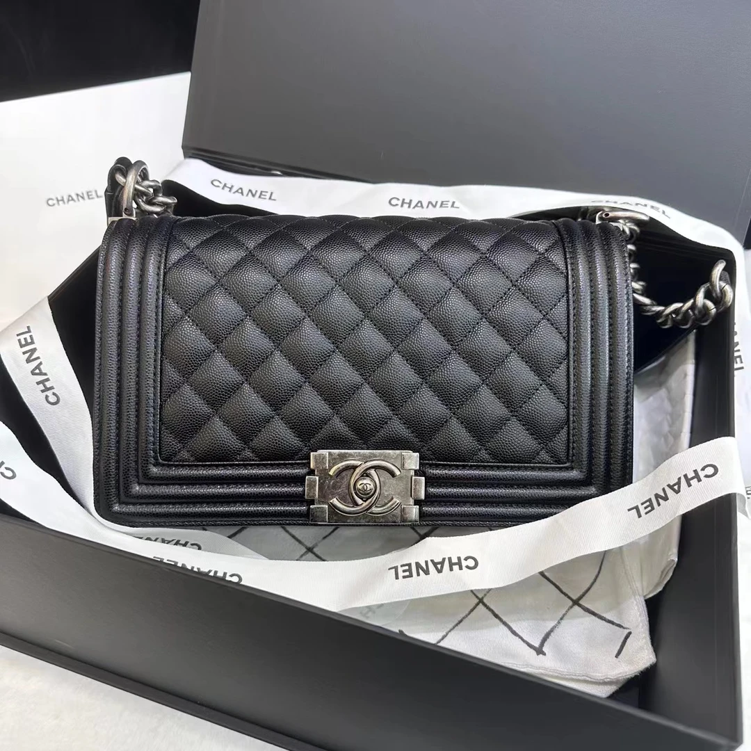 99新 Chanel/香奈儿 芯片款黑银荔枝皮Leboy中号链条包