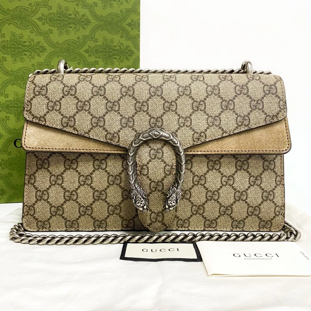 99新 GUCCI/古驰 老花牛皮Dionysus驼色酒神链条包单肩包中号
