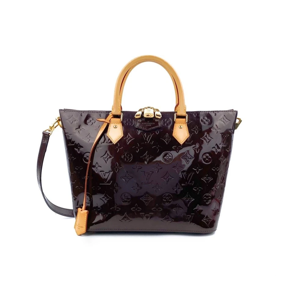 95新 LouisVuitton/路易威登 老花压印漆皮车厘子色手提包单肩包