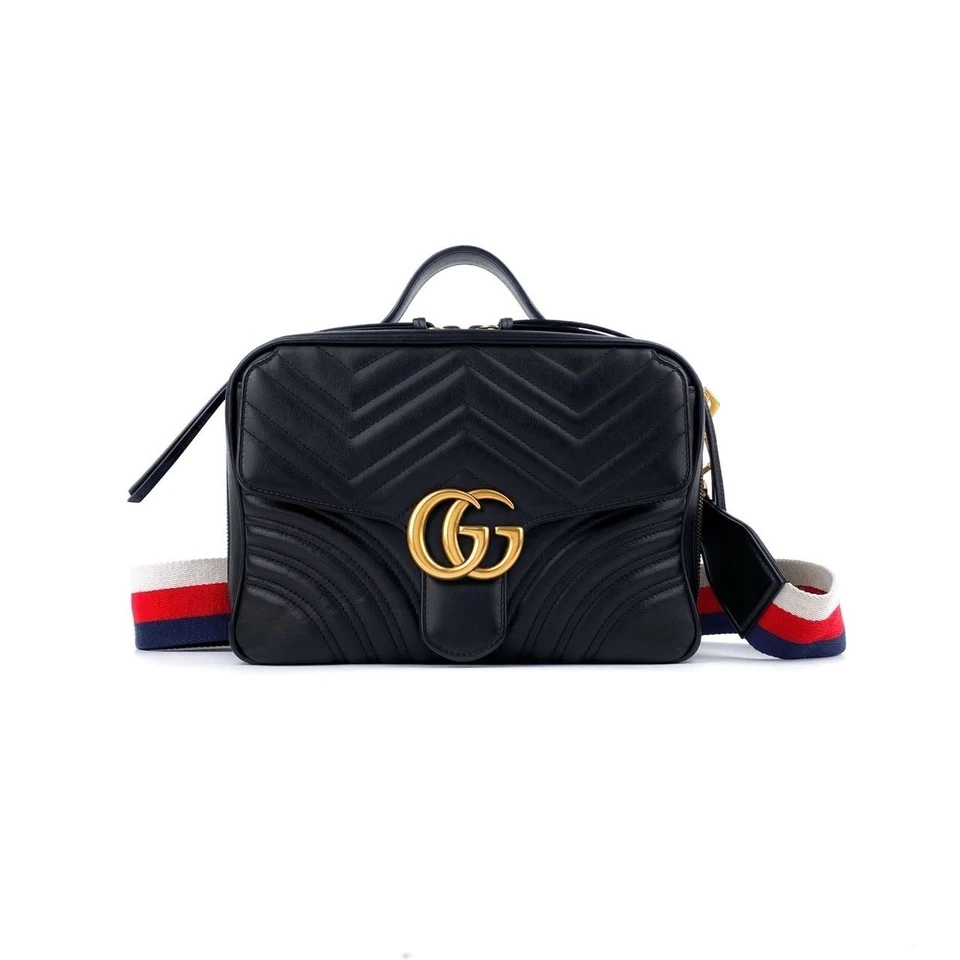 95新 GUCCI/古驰 黑色牛皮双GMarmont邮差包手提包拼色帆布肩带单