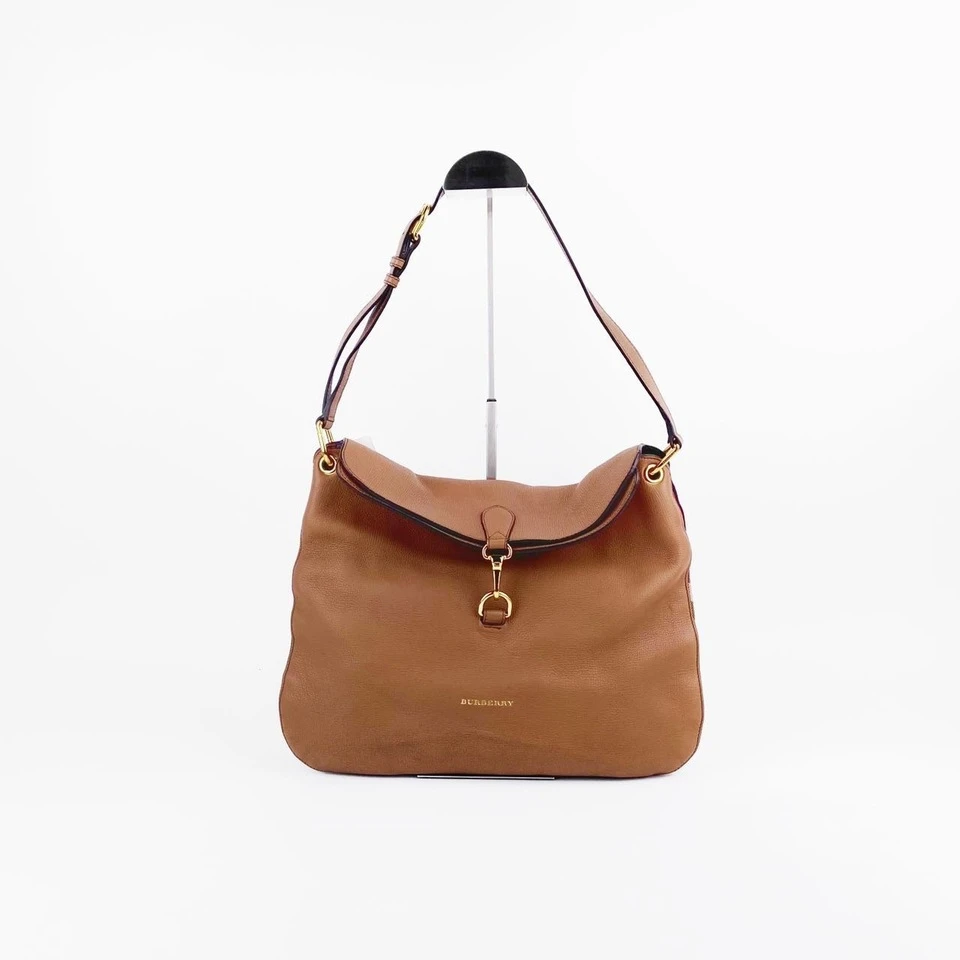 95新 BURBERRY/博柏利 奶茶色拼格纹牛皮扣环单肩包托特包