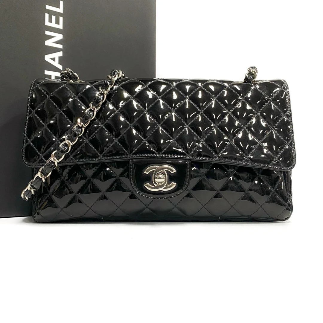 95新 Chanel/香奈儿 11开黑银漆皮cf中号