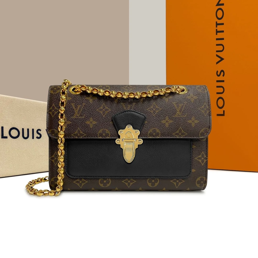 99新 LouisVuitton/路易威登 老花牛皮Victoire黑色维多利亚手袋