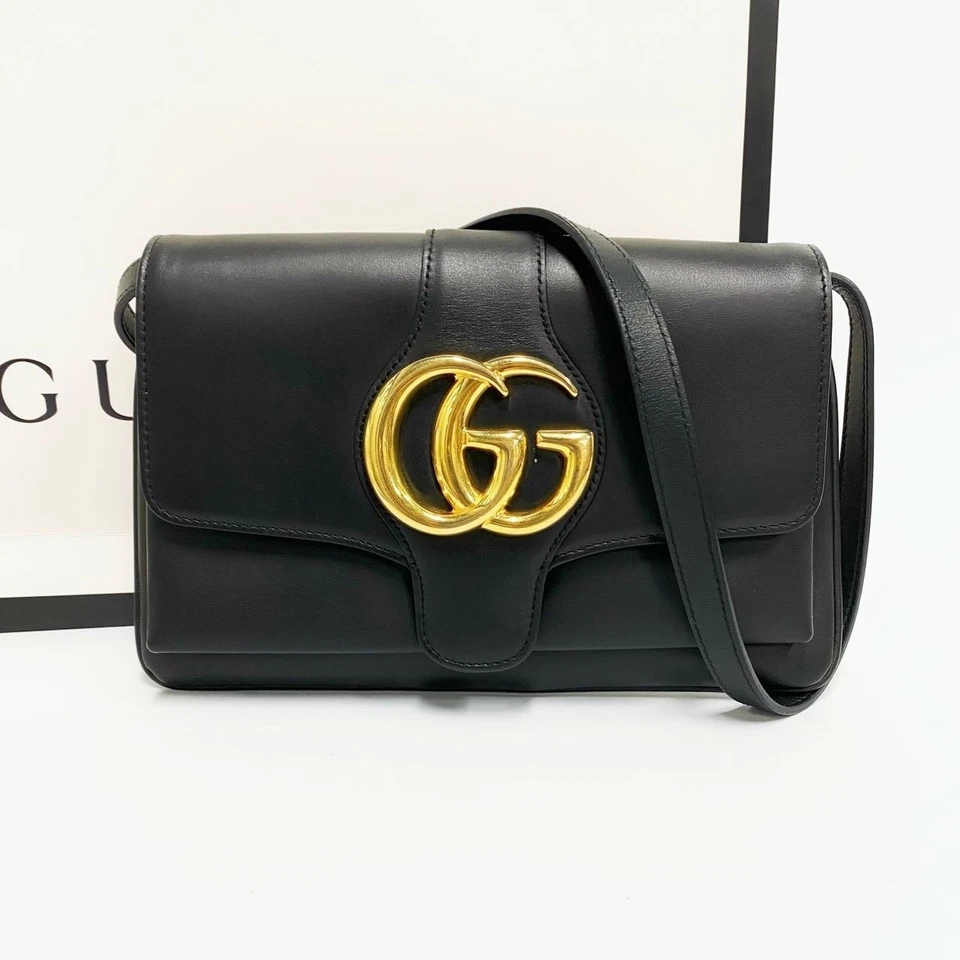 99新 GUCCI/古驰 黑色牛皮双G marmont金标大logo单肩包