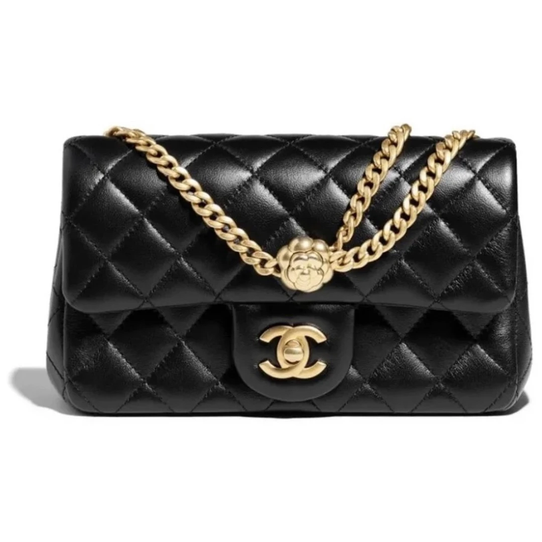 全新未使用 Chanel/香奈儿 23S黑金羊皮山茶花扣CF大mini链条包