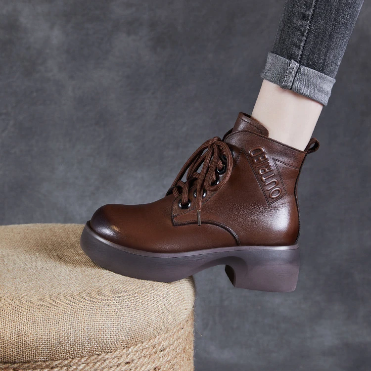 2024秋季新款头层牛皮复古短靴女百搭粗跟圆头单靴休闲百搭马丁靴