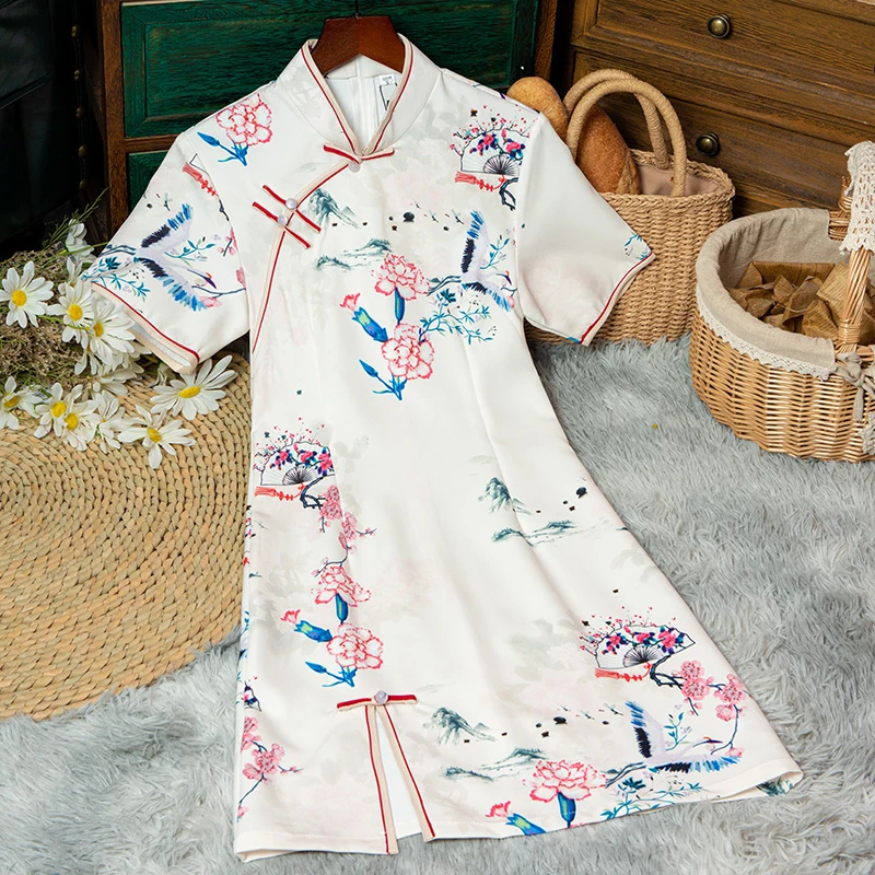 572 米色山水画旗袍女款高端新中式国风日常小个子连衣裙春夏短款