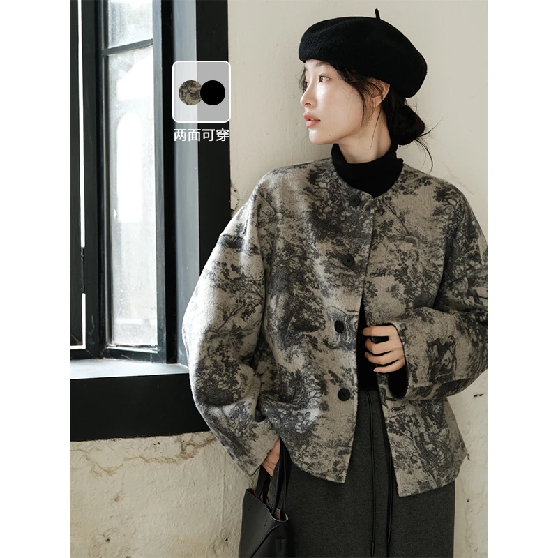 双倍精致~2面穿纯手工双面呢 100羊毛呢大衣短外套秋冬女可然沐允