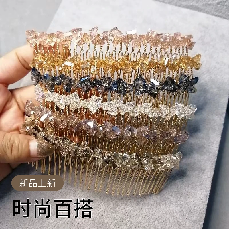 时尚百搭新娘发饰刘海梳人造水晶手工串珠碎发梳倒插发轻奢倒插梳