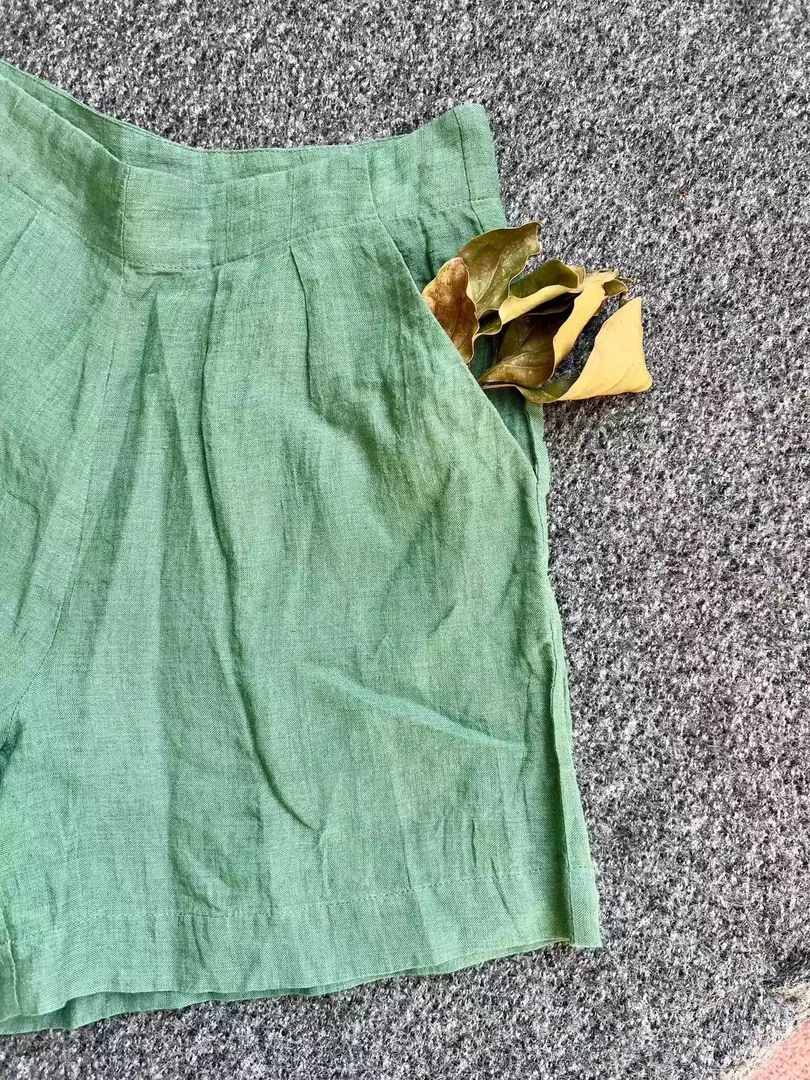 亚麻短裤亚麻短裤女短裤双层女裤轻奢气质褶皱女士复古亚麻短裤