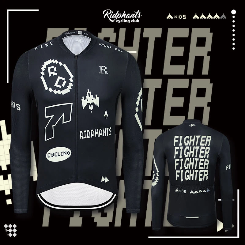 黑色像素春秋冬款骑行服薄款与抓绒长袖男女自行车服单车保暖